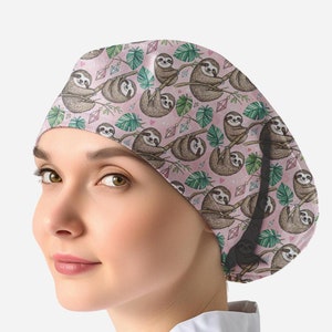 Sloth Scrub Cap with Buttons, Surgical Hat for Women