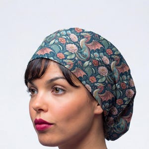Dragons floral scrub cap women, euro surgical cap with buttons for nurse, dragon 05