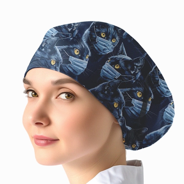 cat scrub caps for women, surgical cap with buttons for nurse, cats in med masks surgical hat