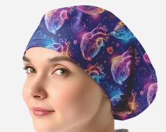 neon hearts cardiac scrub caps for women, nurse scrub hat toggle, heart surgical cap _ heart 12