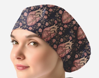 cardiac scrub caps for women, nurse scrub hat toggle, floral heart surgical cap _ heart 646