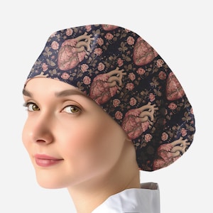 cardiac scrub caps for women, nurse scrub hat toggle, floral heart surgical cap _ heart 646