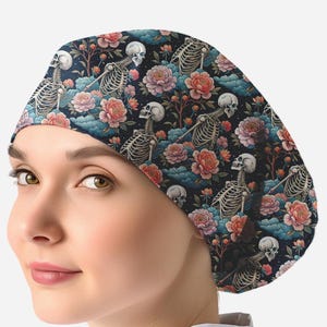 Skeleton scrub hat, anatomy scrub cap ponytail, floral surgical scrub hat, nurse cap _ skeleton 37