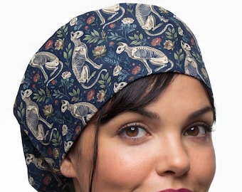 Cat Skeleton scrub hat, gothic floral vet nurse cap