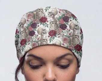 skeleton scrub cap women, floral surgical hat nurse, gothic anatomy ponytail with roses