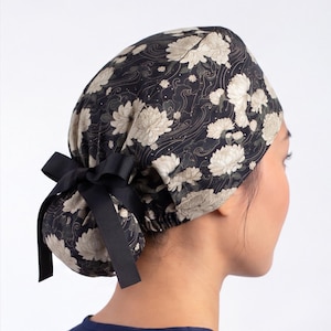 Сhrysanthemum scrub cap, japanese nurse ponytail hat with buttons