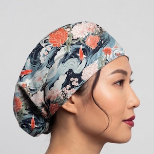 Wave Koi fish euro scrub cap women, nurse ponytail surgical hat with buttons