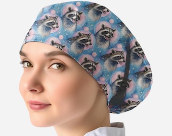 Raccoon Print Scrub Cap with Buttons: Women's Surgical Hat