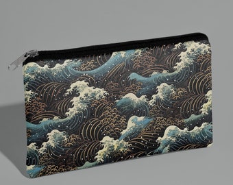 great wave zipper pouch, cosmetic bag, Japanese makeup pouch, woman christmas gift