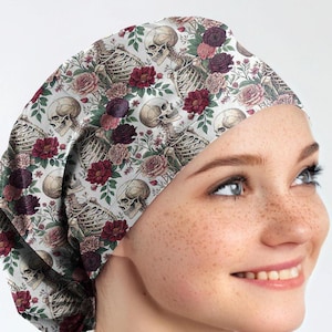 Skeleton scrub hat, anatomy scrub cap ponytail, floral surgical scrub hat, nurse cap _ bones 05