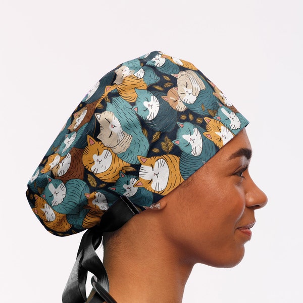 cat scrub caps for women, surgical cap with buttons for nurse, cat surgical hat