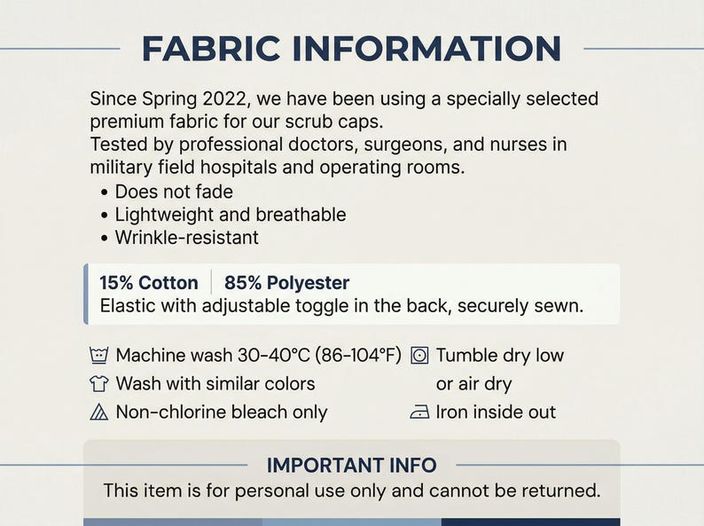 May include: Fabric information graphic with text detailing the material composition of scrub caps: 15% cotton, 85% polyester. Features include wrinkle resistance, breathability, and fade resistance. Includes washing instructions.