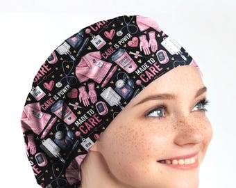 rn scrub cap women, made to care nurse ponytail hat with buttons