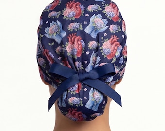 Cardiac nurse euro scrub cap, anatomical heart ponytail with buttons