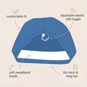 May include: A blue hair wrap with a white interior and adjustable elastic with a toggle. The wrap is designed for a comfortable fit and fits both short and long hair. It features a soft sweatband inside.