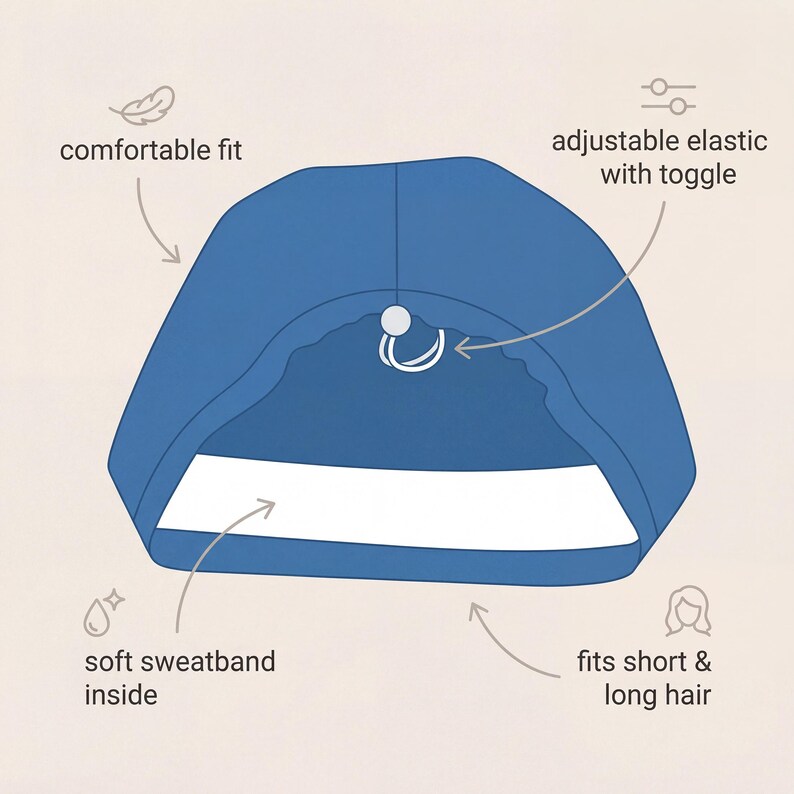 May include: A blue hair wrap with a white interior and adjustable elastic with a toggle. The wrap is designed for a comfortable fit and fits both short and long hair. It features a soft sweatband inside.