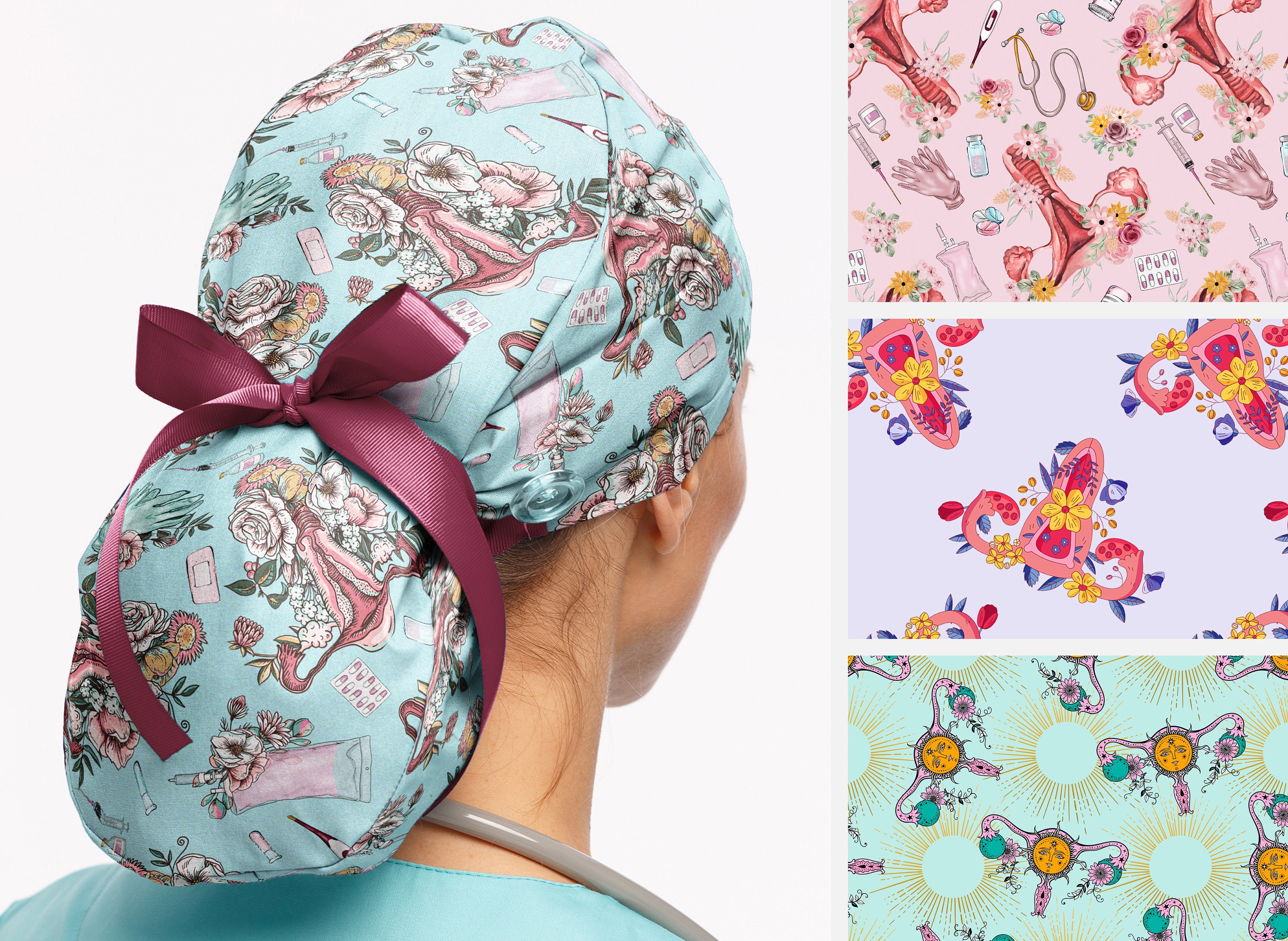uterus scrub caps, ponytail surgical hat women, medical anatomy scrub…