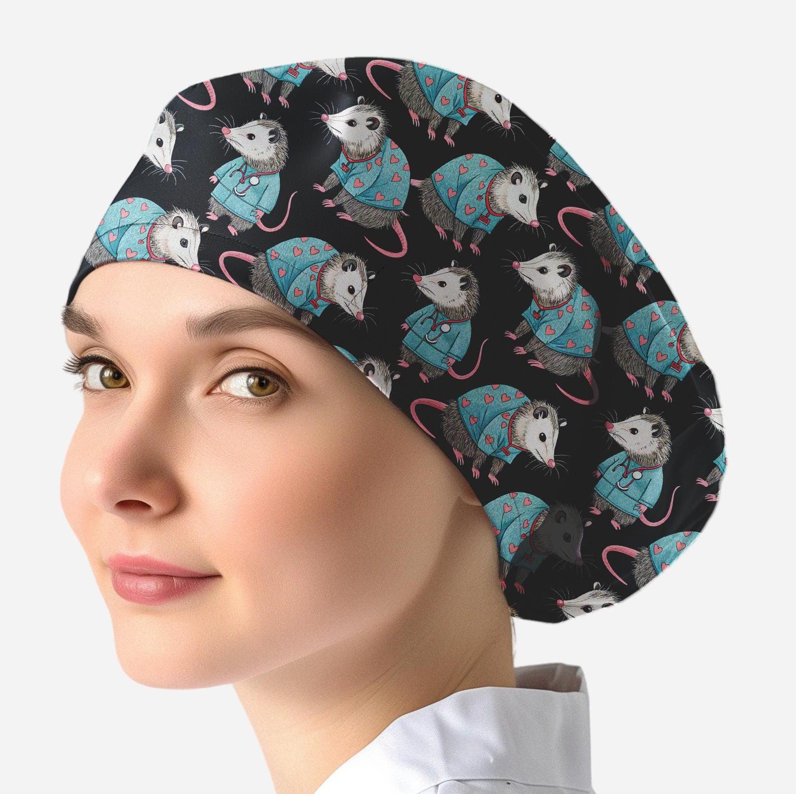 Opossum scrub caps for women, surgical cap with buttons for nurse, surgical hat _ opossum 05