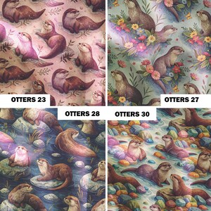 May include: A collection of fabric swatches featuring otter illustrations. The otters are depicted in various poses and colors, set against different backgrounds, including floral and water scenes. Each swatch is labeled with the text "OTTERS" followed by a number.