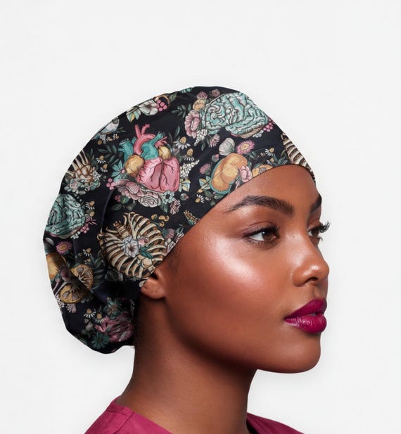 Anatomy scrub cap, floral organs nurse ponytail hat