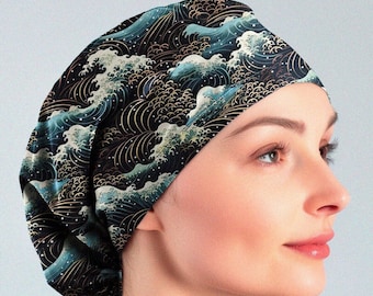 Great Wave scrub caps for women, japanese wave scrub cap surgical cap with buttons