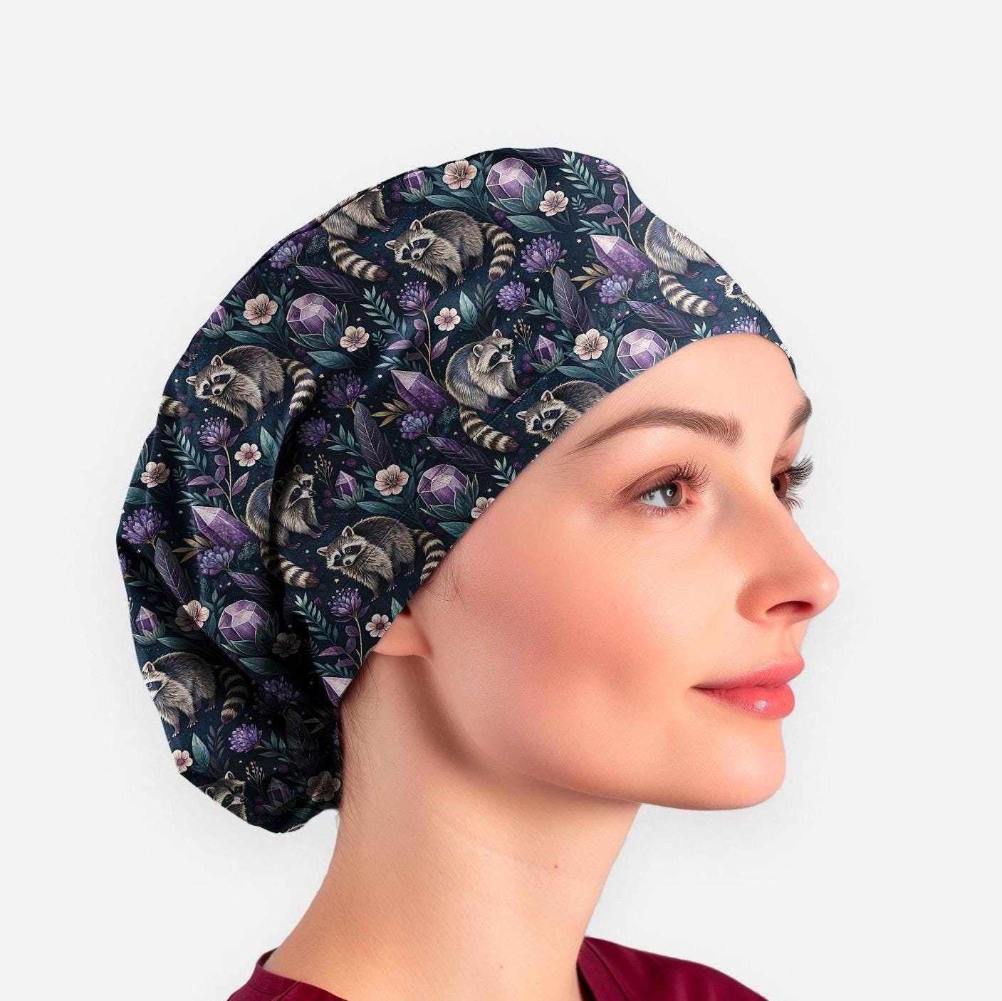 raccoon scrub caps for women, surgical cap with buttons for nurse, raccoon and flowers surgical hat _ raccoon 37