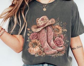 Cowgirl Fall Shirt, Floral Cowgirl Boots Shirt, Comfort Colors Rodeo Tshirt, Boho Cowgirl Birthday Gift, Country Music Festival Shirt