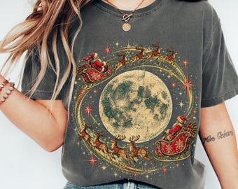 Retro Santa Claus Shirt, Vintage Santa Sleigh Christmas Shirt, Comfort Colors Christmas Tshirt Gift, Boho Flying Santa Festive Vibe Shirt