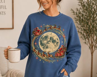 Sweat-shirt rétro Père Noël, sweat-shirt vintage avec traîneau du Père Noël, pull Père Noël volant, sweat-shirt des fêtes, t-shirt ambiance festive