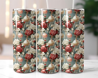 Shabby Chic Christmas Tumbler Wrap, Christmas Bulbs & Pearls 20oz Skinny Tumbler Sublimation Design, Vintage Floral Christmas Tumbler Wrap