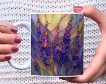 Stained Glass Lavenders Mug Wrap, 11oz & 15oz Retro Purple and Gold Flowers Mug Sublimation Design, Vintage Retro Lavenders Mug Wrap PNG