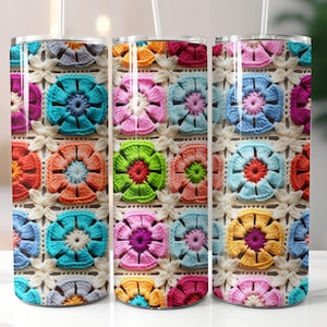 Crochet Granny Squares Tumbler Wrap, Shabby Chic 20 oz Skinny Tumbler Sublimation Design Seamless Crochet Afghan Style Straight Tumbler Wrap