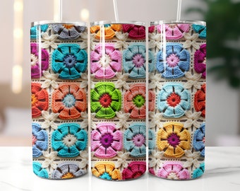 May include: Three stainless steel tumblers with a colorful crocheted pattern. The pattern features squares of different colors, including pink, blue, green, orange, and yellow.