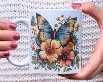 Butterflies and Flowers Mug Wrap, 11oz & 15oz Floral Butterfly Mug Sublimation Design, Digital Download Gold and Blue Butterfly Mug Wrap PNG