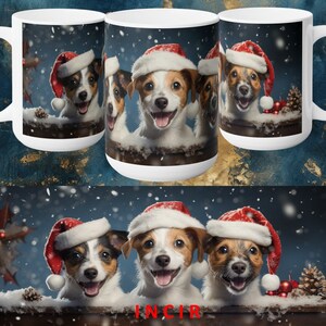 Jack Russell Christmas Dog Mug Wrap Design, Dog Puppy Animal Mug Sublimation PNG Image Template, Dog with Santa Hat 11oz and 15oz Mug