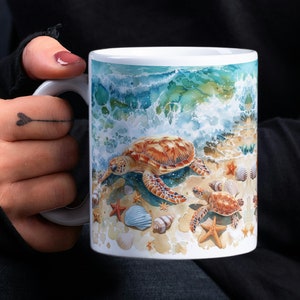 Familia de tortugas marinas en la playa Mug Wrap, Sandy Beach Waves 11oz & 15oz Mug Sublimation Design, Tortugas marinas y conchas marinas Beach Mug Wrap PNG