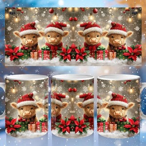 May include: Three white ceramic mugs with a winter holiday design featuring a trio of adorable cartoon calves wearing Santa hats and surrounded by poinsettias and presents. The mugs are set against a snowy background with twinkling lights.