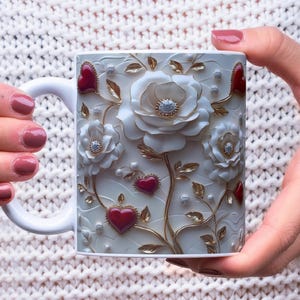 3D Valentinstag Becher Wrap, 3D Rosen und Diamanten 11 Unzen & 15 Unzen Becher Sublimation Design, Sofortiger Download Rote Herzen Valentinstag Becher Wrap PNG