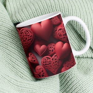 3D Red Valentine Hearts 11oz and 15oz Mug Sublimation Design, Valentines Day Mug Wrap, 3D Red Lace Love Hearts Mug Wrap Instant Download PNG