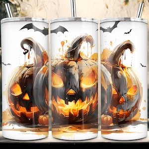 Halloween Pumpkins & Bats Tumbler Wrap, Glowing Spooky Pumpkins 20oz Skinny Tumbler Sublimation Design, Digital Halloween Tumbler Wrap PNG