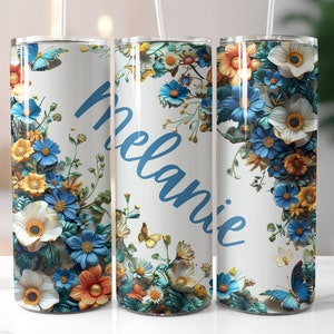 Add Name Floral Tumbler Wrap, Customise 3D Flowers & Butterflies 20oz Skinny Tumbler Sublimation Design, Add Your Own Text Tumbler Wrap PNG