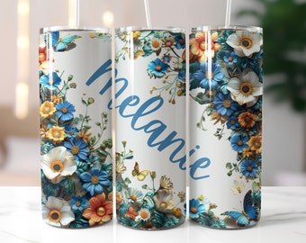 Add Name Floral Tumbler Wrap, Customise 3D Flowers & Butterflies 20oz Skinny Tumbler Sublimation Design, Add Your Own Text Tumbler Wrap PNG