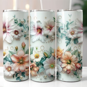 3D Pastel Flowers Tumbler Wrap, 3D Seamless Floral 20oz Skinny Tumbler Sublimation Design, Flowers with Pearls Tumbler Wrap PNG