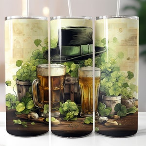 Irish Beer and Shamrock Tumbler Wrap, St Patricks Day 20oz Skinny Tumbler Sublimation Design, St Patrick&#39;s Day Hat Straight Tumbler Wrap PNG