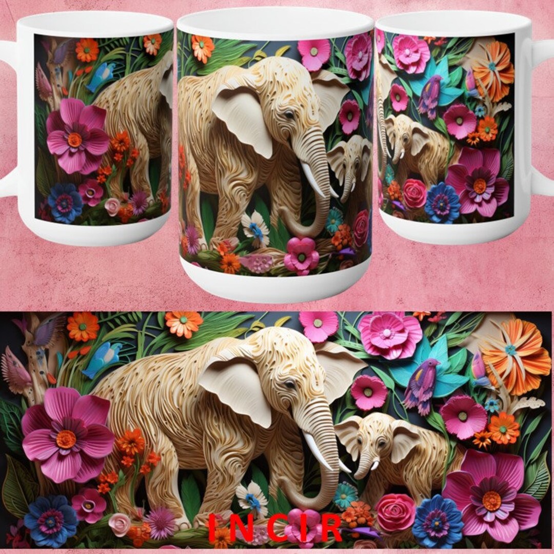 3D Elephant Flowers Mug, 3D Ornate Elephants Sublimation Mug Design