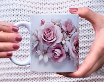 3D Pink Valentine Day Rose Mug Wrap, 3D Roses and Diamonds 11oz & 15oz Mug Sublimation Design Instant Download Roses Valentine Mug Wrap PNG