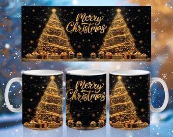 Gold Christmas Tree Mug Wrap, Glittery Merry Christmas 11oz & 15oz Mug Sublimation Design, Sparkly Christmas Tree with Presents Mug Wrap PNG