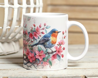 Robin and Flowers 11oz & 15oz Mug Wrap, Watercolour Bird and Flowers Mug Sublimation Design, Instant Download Pastel Floral Spring Mug Wrap
