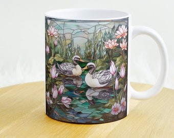 Buntglas Landschaft Becher Wrap, niedliche Tiere Becher Sublimationsdesign, 11 Unze und 15 Unze Blumen Seeblick Becher Wrap Sofortiger Download PNG