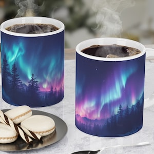 Northern Lights Mug Sublimation Design, 11oz and 15oz Aurora Borealis Mug Wrap, Digital Download Forest Trees Night Landscape Mug Wrap PNG